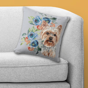 Coussin Bouquet floral bleu Yorkshire Terrier