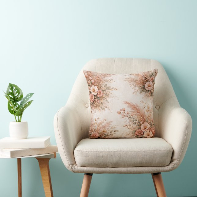 Coussin Bouquet Floral Boho Pampas Rose Tendue (Chaise)
