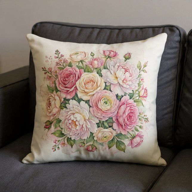 Coussin Bouquet Floral Élégant à l'Aquarelle (Créateur téléchargé)
