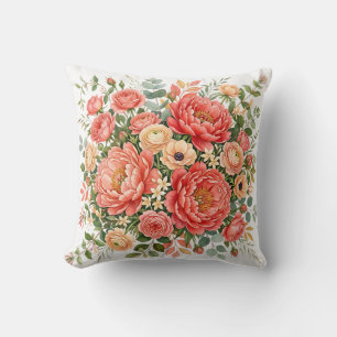 Coussin Bouquet floral élégant de pivoines corail et pêche