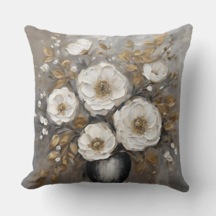 Coussin Bouquet Floral Gris Or Noir Blanc