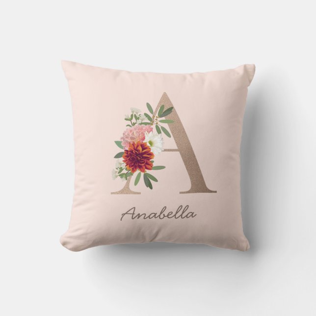 Coussin Bouquet floral lettre monographique personnalisée  (Recto)