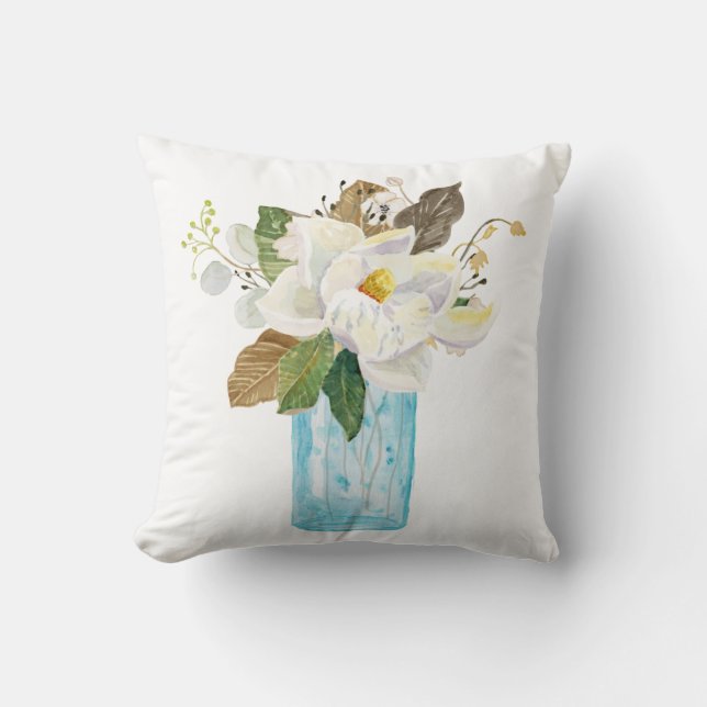 Coussin Bouquet floral Magnolia Vase de verre bleu (Recto)