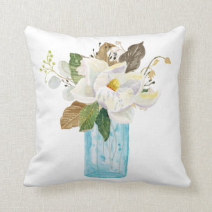Coussin Bouquet floral Magnolia Vase de verre bleu