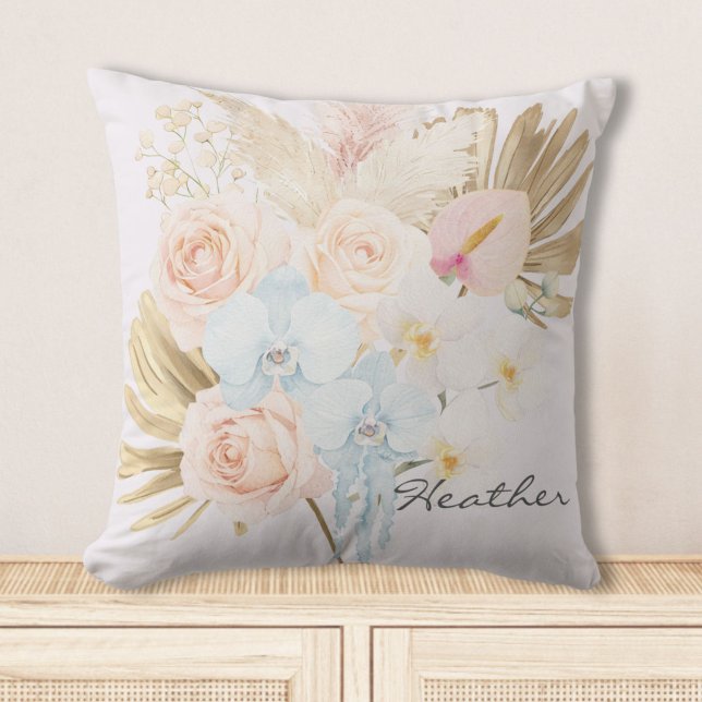 Coussin Bouquet Floral Tropical Fleur Pretty Monogrammé (Créateur téléchargé)