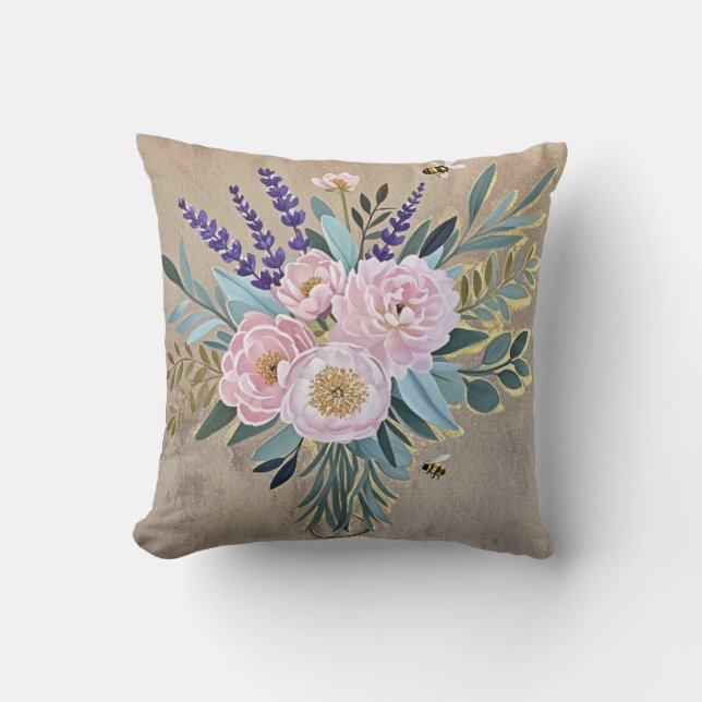 Coussin Bouquet pivoines fleurs de lavande rustique (Recto)