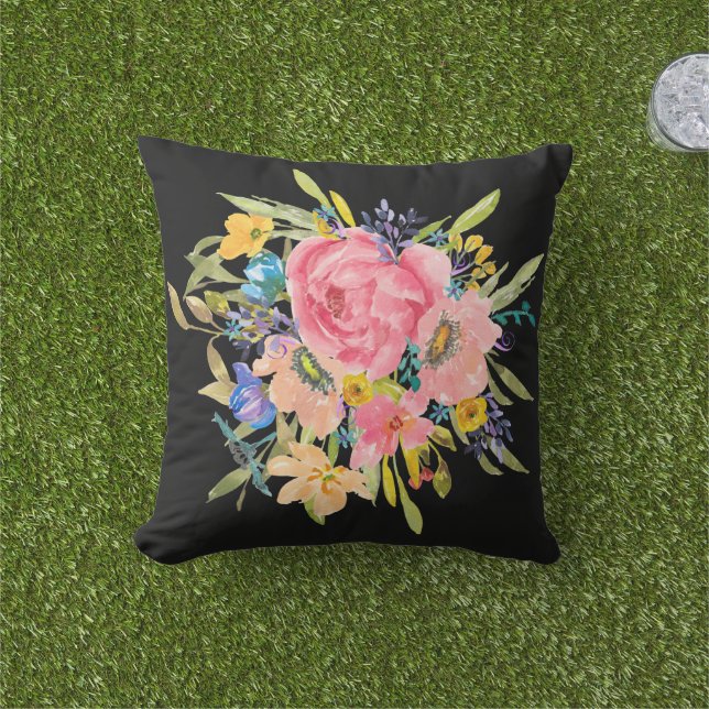 Coussin Bouquet Rose d'aquarelle (Herbe)