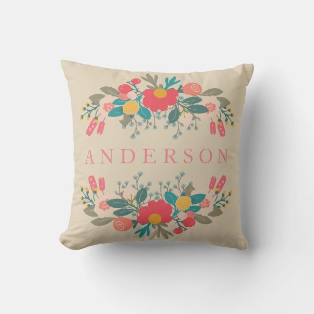 Coussin Bouquet rose floral avec nom (Recto)