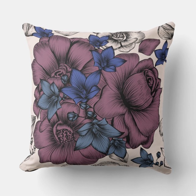 Coussin Bourgogne/coussin floral bleu/bronzage (Recto)