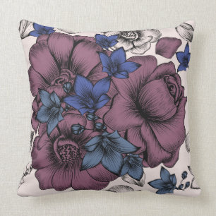 Coussin Bourgogne/coussin floral bleu/bronzage