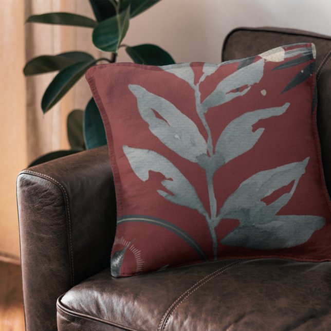 Coussin Bourgogne et gris Feuilles d'aquarelle artistique (Créateur téléchargé)
