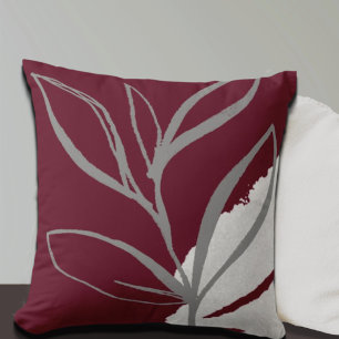 Coussin Bourgogne et gris minimaliste Feuilles d'aquarelle
