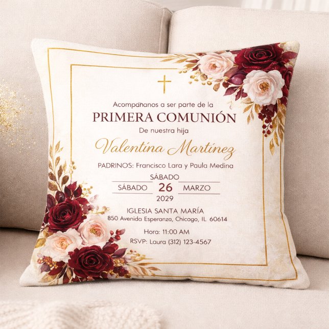 Coussin Bourgogne et Or Floral Première Communion (Créateur téléchargé)