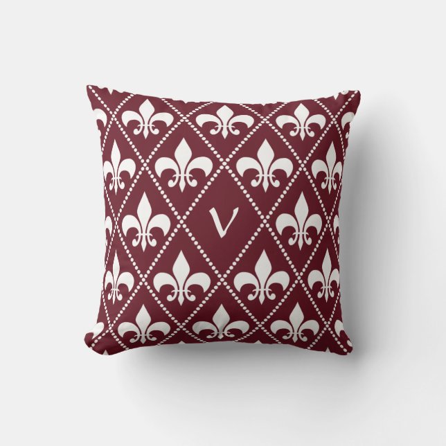 Coussin Bourgogne Fleur de Lis avec monogramme initial (Recto)
