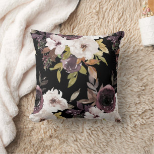 Coussin Bourgogne Marsala Crème Aquarelle Floral Noir