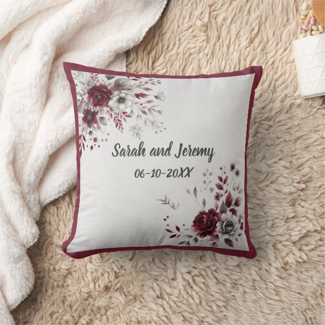 Coussin Bourgogne profond gris argent aquarelle floral per (Couverture)