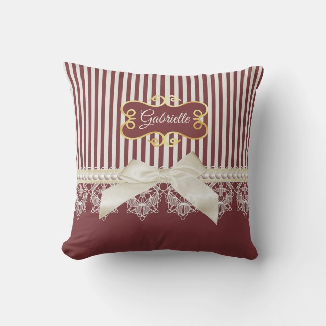 Coussin Bourgogne Rayure Dentelle Nom (Recto)