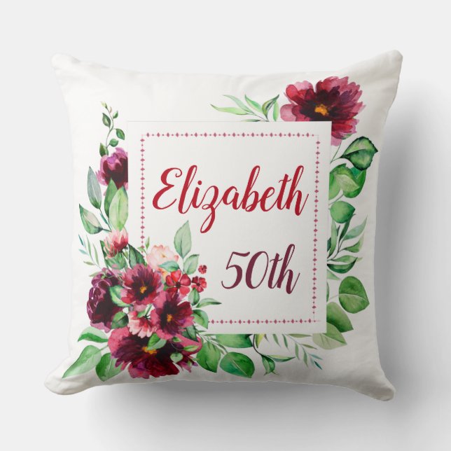 Coussin Bourgogne Rouge Élégant Floral 50e Anniversaire (Recto)