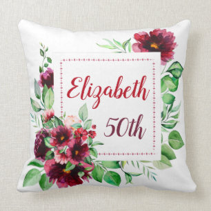 Coussin Bourgogne Rouge Élégant Floral 50e Anniversaire