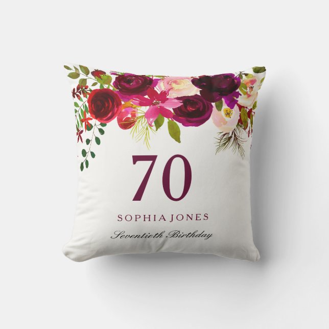 Coussin Bourgogne Rouge Floral Boho 70e anniversaire Cadea (Recto)