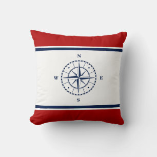 Coussin Boussole - Bleu, blanc et rouge nautique