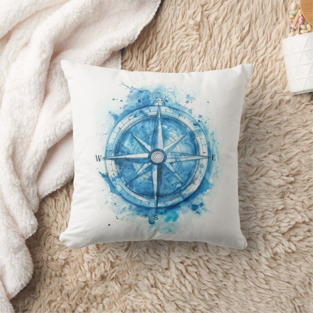 Coussin Boussole - bleu couleur d'eau artistique (Couverture)