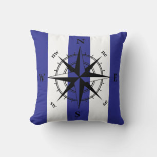 Coussin Boussole nautique bandes verticales bleues blanche