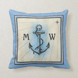 Coussin Boussole nautique bleue vintage d'Ancre de