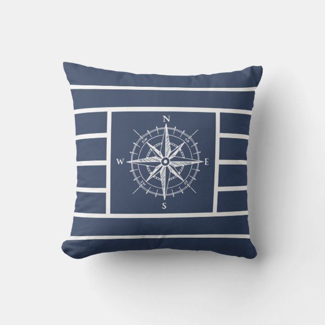Coussin Boussole nautique rayures bleu marine (Recto)