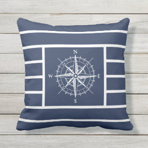 Coussin Boussole nautique rayures bleu marine