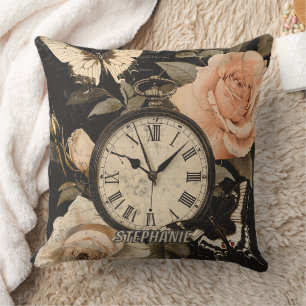 Coussin Boussole Vintage Papillon Floral Marron