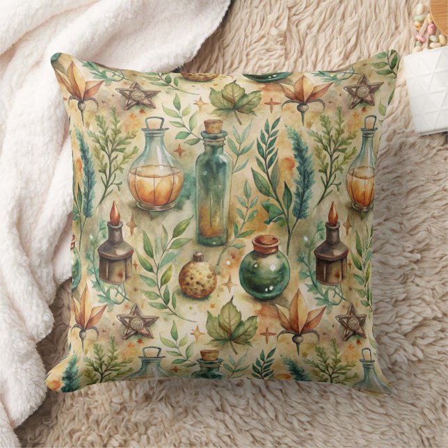 Coussin Bouteilles de sorcellerie mystique Vert Marron (Couverture)