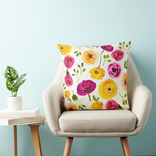 Coussin Bouteilles Perses Aquarelle Florale Rose&Jaune (Chaise)