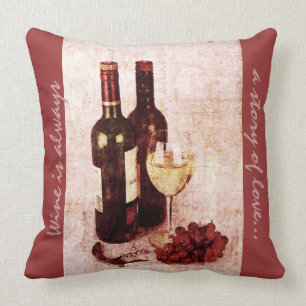 Coussin bouteilles, raisins et verre de vin