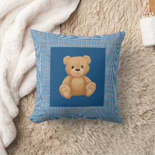 Coussin Bouton bleu classique Houndstooth, Ours en peluche