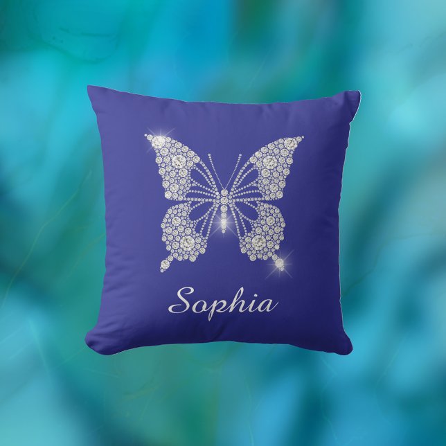 Coussin Bouton Diamant Blanc, Nom du script, Bleu Profond (Créateur téléchargé)