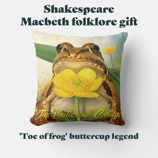 Coussin Bouton d'or rustique et maison de la grenouille No (Macbeth's 'Toe of Frog'. Green witch herbalist. Cottagecore frog, Shakespeare Macbeth folklore.)