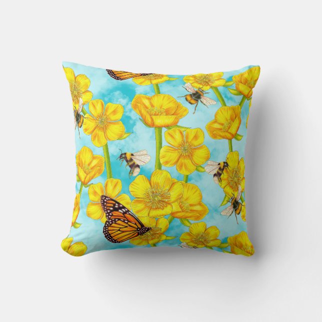 Coussin Boutons, abeilles et papillons sur les nuages (Recto)