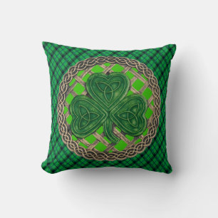Coussin Boutons Celtiques Shamrocks Vertes Sur Plaid Vert