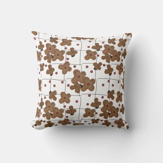 Coussin Boutons Rouges Fleurs en Papier Brun sur Fond Blan (Recto)