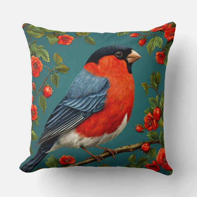 Coussin Bouvreuil d'hiver sur Branche Givrée – Paysage Ser (Recto)
