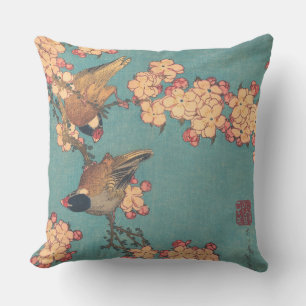 Coussin Bouvreuil d'Hokusai et Cerisier Fleur Vintage Oise