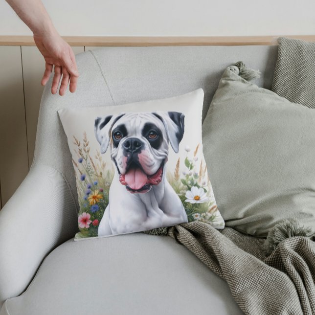 Coussin Boxer Blanc Joyeux dans les Fleurs (Créateur téléchargé)