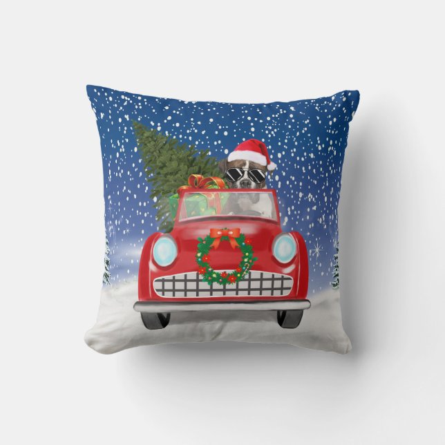 Coussin Boxer Chien Conduite Voiture En Noël De Neige (Recto)