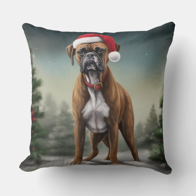 Coussin Boxer dans la neige de Noël (Recto)