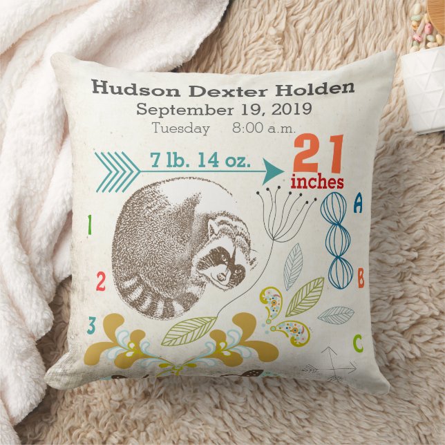 Coussin Boy Nursery Baby Birth Stat Raccoon Arrow Motif (Couverture)