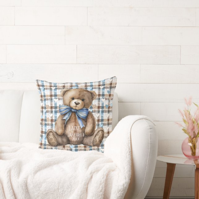 Coussin Boy Teddy Bear On Blue Brown Plaid  (Canapé)