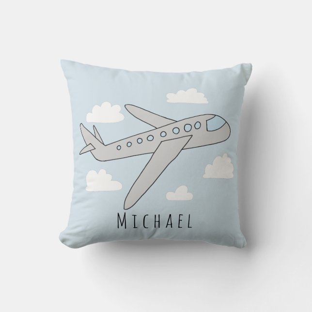 Coussin Boys Blue Airplane Voyage Design and Name Nursery (Recto)