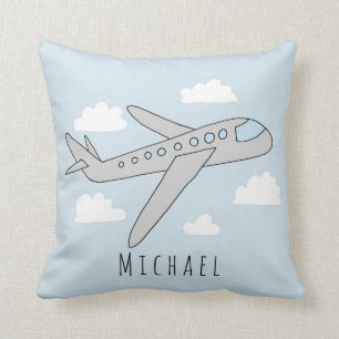 Coussin Boys Blue Airplane Voyage Design and Name Nursery