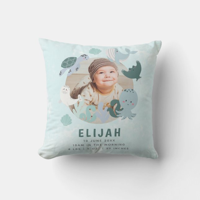 Coussin Boys Blue Under the Sea Birth Statistiques Photo p (Recto)